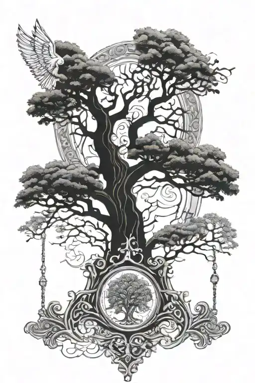 tree of life mirroring the tree of knowledge of good and evil with St Michael the Arch angel tattoo design idea