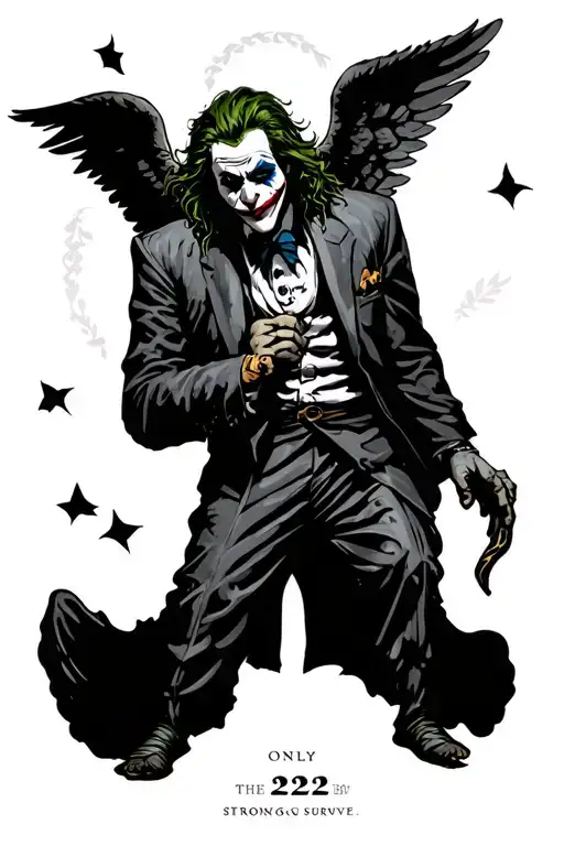 fairytale jungle joker with angel number 222 only the strong survive  tattoo design idea