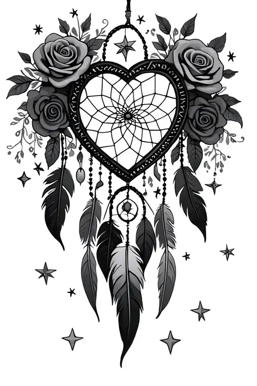 heart shaped Dream Catcher blended by roses and stars surrounded by clouds and has feathers at the bottom tattoo design idea
