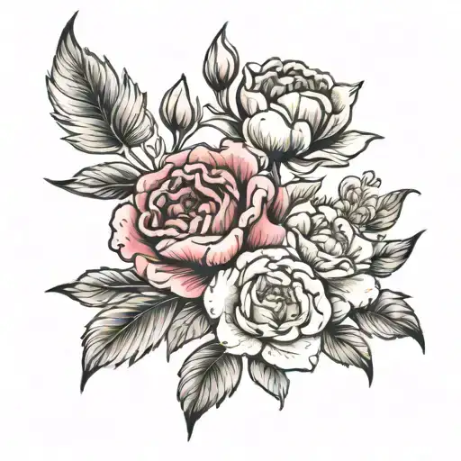 flower bouquet- carnation, magnolia,  qantuta tricolor tattoo design idea