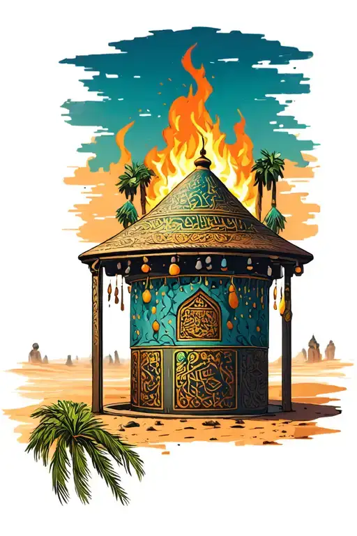 Al-Ahsa featuring a detailed with hanging dates, a traditional water well, distant burning palm trees, and desert tattoo design idea