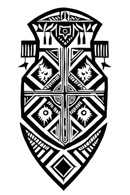 Geometric tribal design using ethiopian designs. The design has a shield, spear head, lion and a cross inside it tattoo design idea