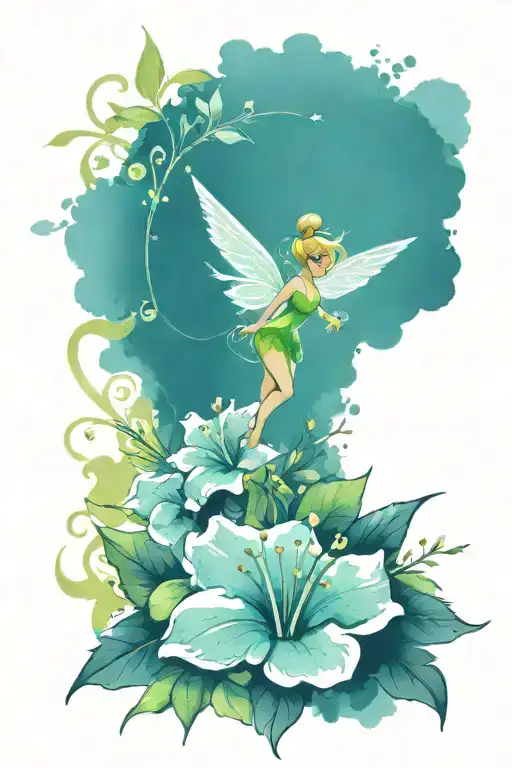 Tinkerbell & hibiscus flower tattoo tattoo design idea