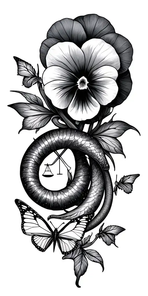 Capricorn symbols intertwined, Libra symbols, pansy flower,  butterfly, astrology, sea goat, butterflies, dragons, tattoo design idea