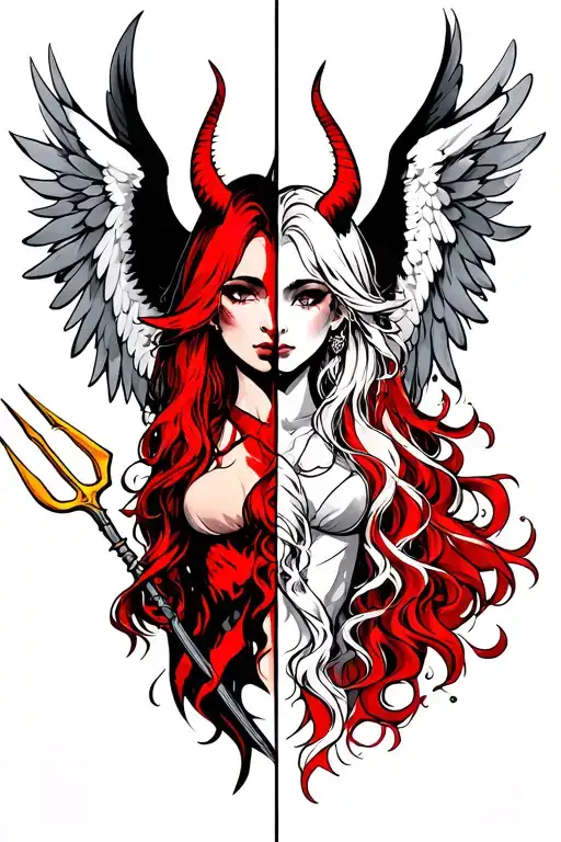 half angel half devil with devil and angel wings and trident tattoo design idea