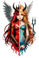 half angel half devil with devil and angel wings and trident tattoo design idea