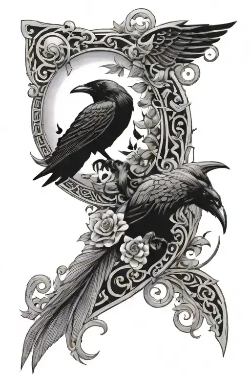 vine wrapping arm sleeve, with geometric shapes, the moon, a raven, and a scythe tattoo design idea
