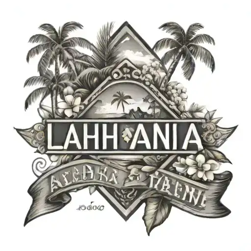 forearm tattoo, trees and flowers of hawaii maui, and in the middle a street sign that says "lahaina" tattoo design idea