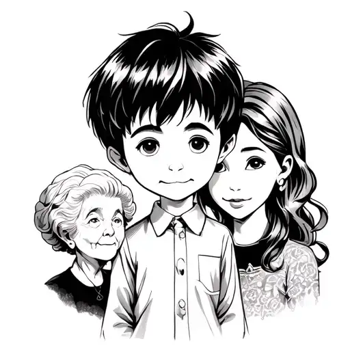a little boy with his female mother and elderly grandmother behind him in black and white tattoo design idea