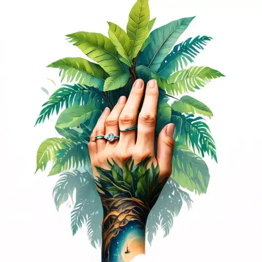 wedding ring on left ring finger but as tree branches that connect up the back of my hand to a full rainforest sleeve tattoo design idea