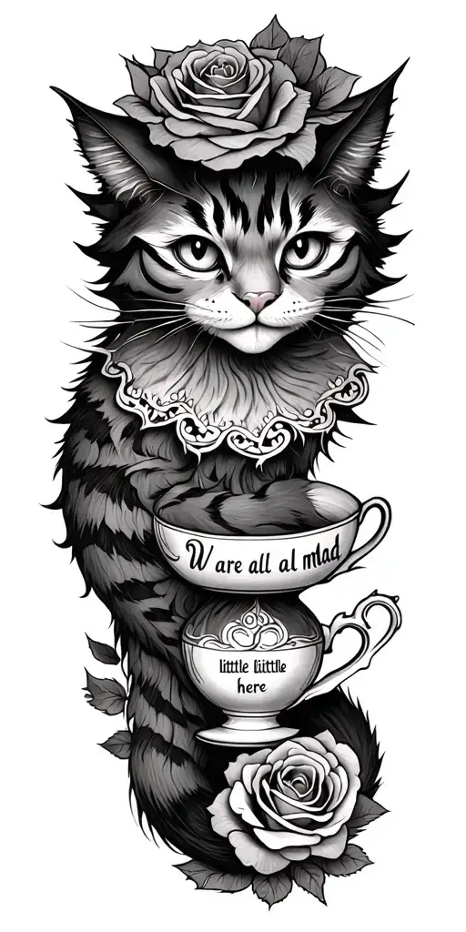 "We are all a little mad here" "We are all a little mad here" cheshire cat with tail intertwined with tea cup and rose tattoo design idea