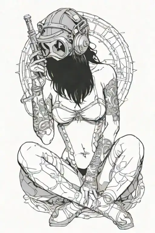 sexy female body donning welding mask and lingerie, big, round ass,  over on her knees using torch, she's very fit.   tattoo design idea