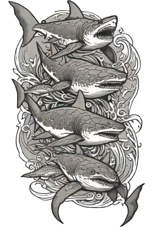 sharks and sea turtle swimming tattoo design idea