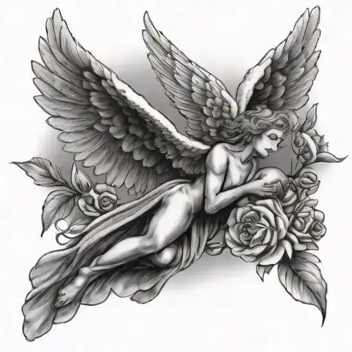 angel with wings and baby dove flying tattoo design idea