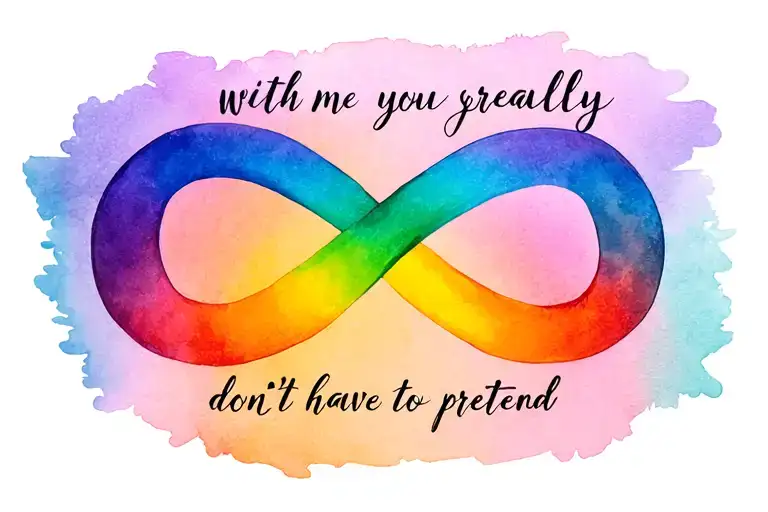 rainbow infinity symbol with words "with me you really dont have to pretend" tattoo design idea