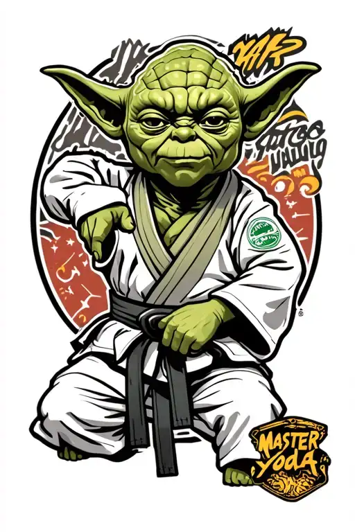 Master Yoda in a white BJJ gi amd black belt. tattoo design idea