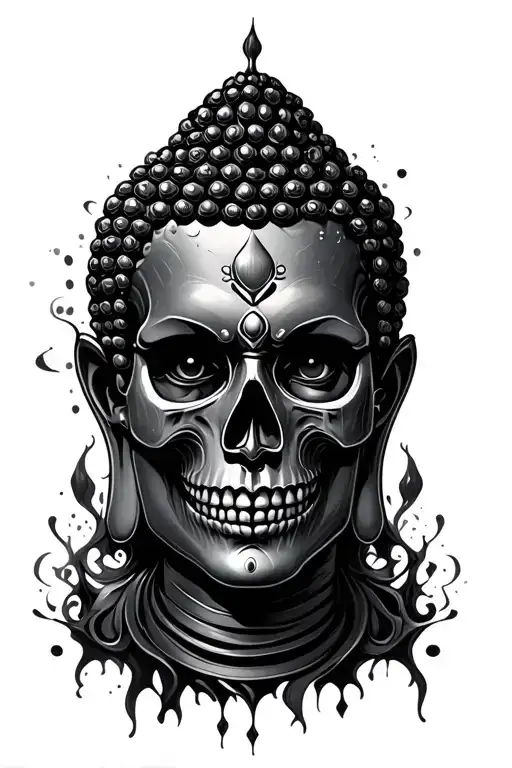 Buddha head skull evil black gothic surrounded by ink blended tattoo design idea