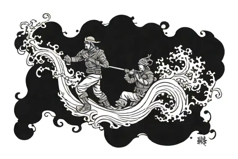 wave smoke and some kind of figure war in tattoo design idea