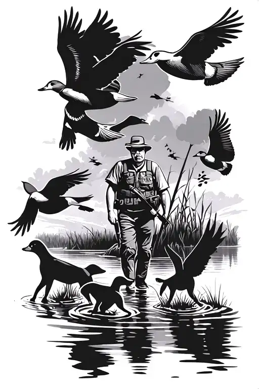 duck hunting with flying ducks and hunter walking through pond with duck dog as memorial piece  for grandpa  tattoo design idea