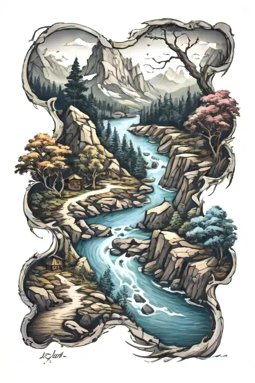 winding river up a mountain path with semicolons at multiple points embedded into scene tattoo design idea