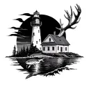 A realistic portrait of the West Sister Island lighthouse with a fish and deer antlers incorporated into the design, symbolizing the client's passions tattoo design idea