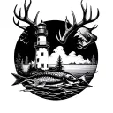 A realistic portrait of the West Sister Island lighthouse with a fish and deer antlers incorporated into the design, symbolizing the client's passions tattoo design idea
