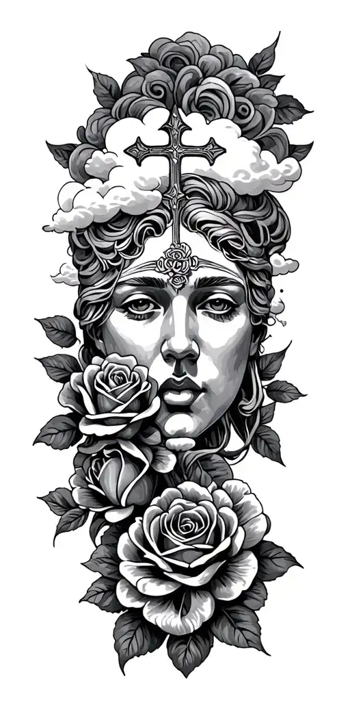 filigree design with clouds, Christian cross a. Oman face and roses  tattoo design idea