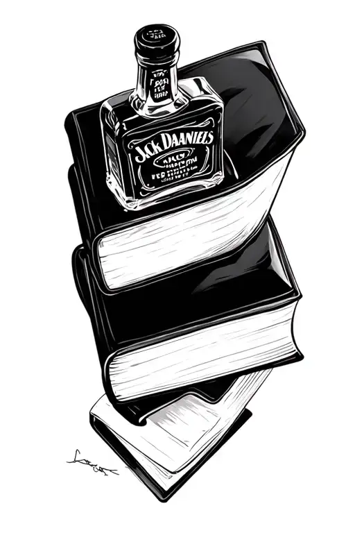 jack daniels bottle sitting on top of a closed black book  tattoo design idea