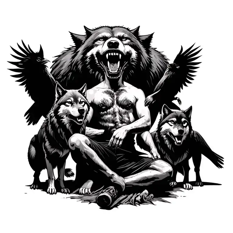 A man with one eye sitting with two wolfs and two ravens and the background is an open mouth of a gigant wolf about to d tattoo design idea