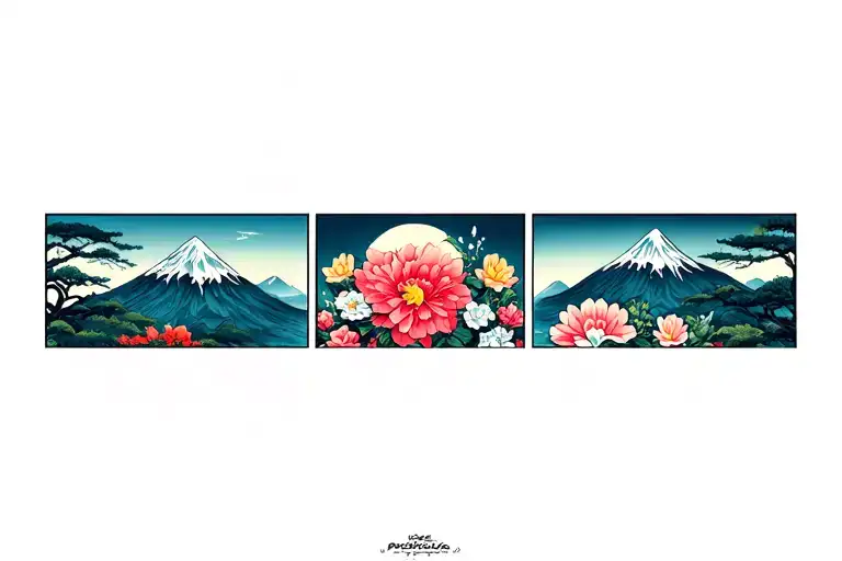 Mountain landscape 3 styles flowers surrounding them tattoo design idea