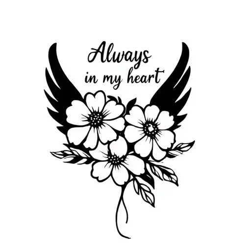 flowers with wings "always in my heart" tattoo design idea