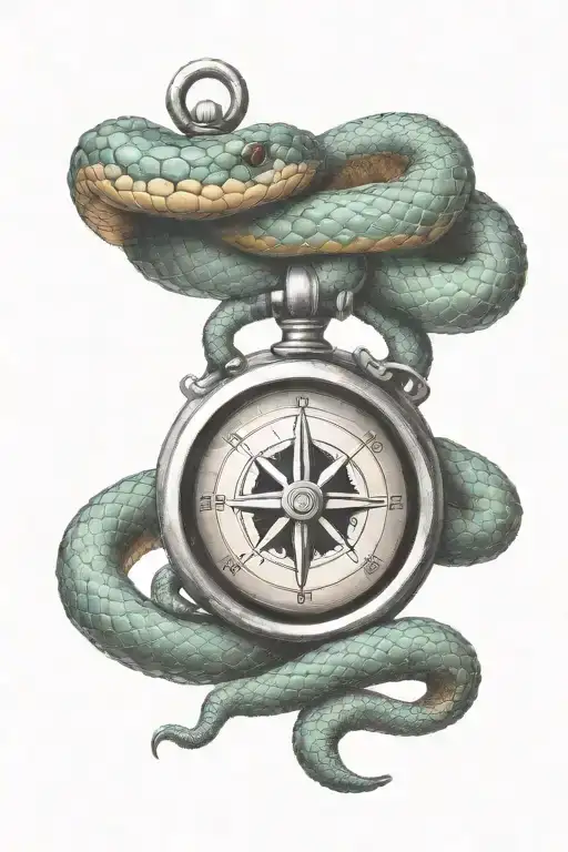 small compass with snake coiling upwards direction tattoo design idea