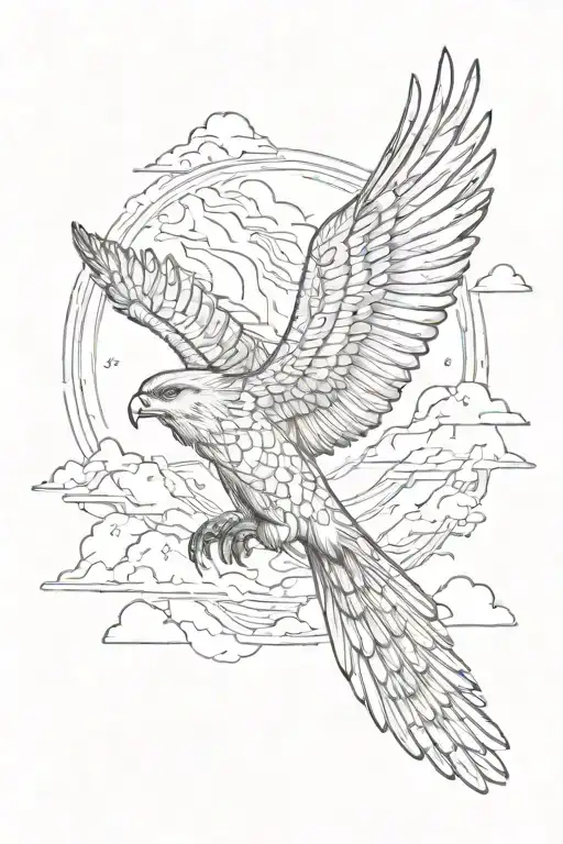 flying falcon against the background of snow-capped mountains and clouds tattoo design idea