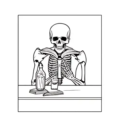 skeleton reading book at bar, brooding tattoo design idea