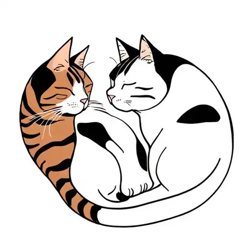 two cats sleeping together, one is a brown striped tabby, the other is a black and white calico tattoo design idea