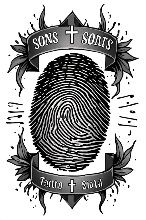 Sons' fingerprints and birthdates with a cross tattoo design idea