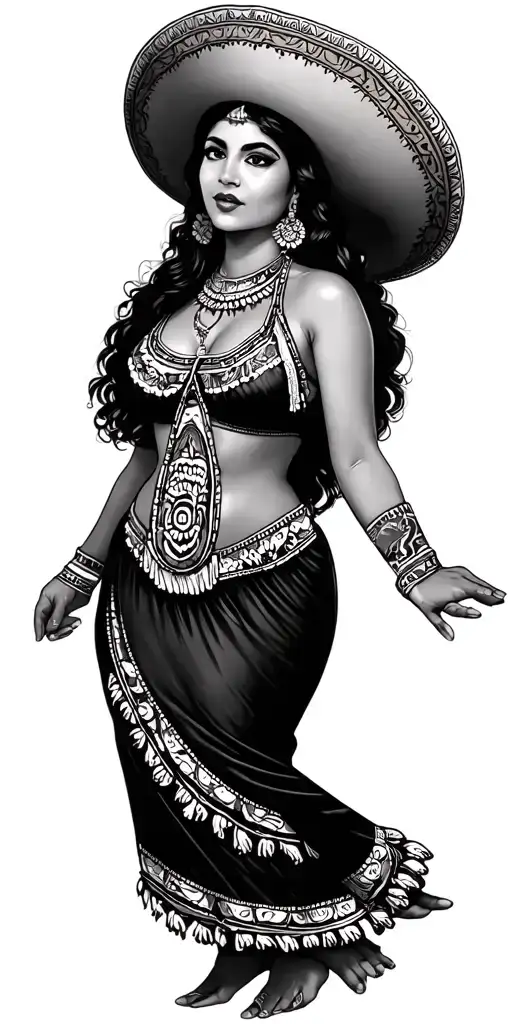 Mexican woman in Mexican dress tattoo design idea