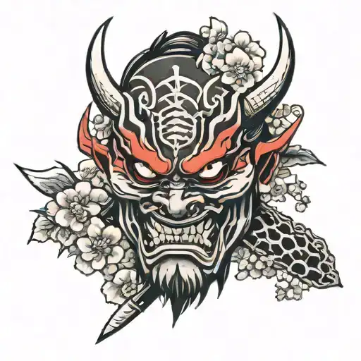 black and red oni mask stabbed through with sword with cherry blossoms around it. and the japanese kanji for "strength" tattoo design idea