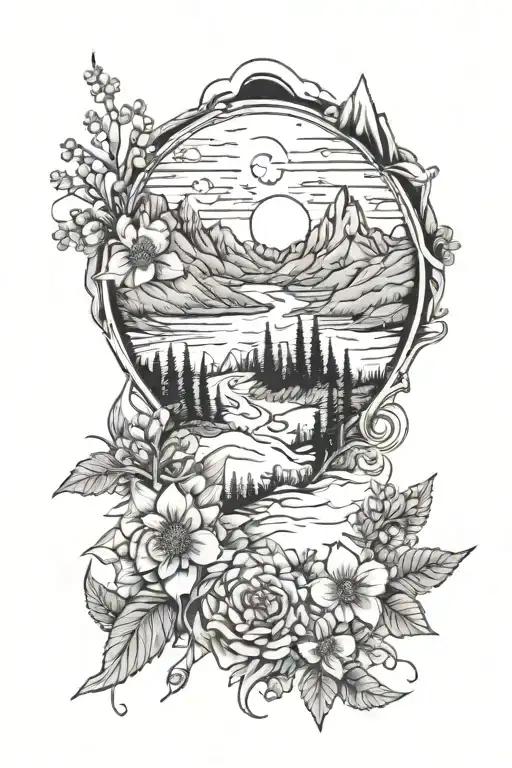 down the spine tattoo with wildflowers, mountains, topographical lines, sun, and stars tattoo design idea