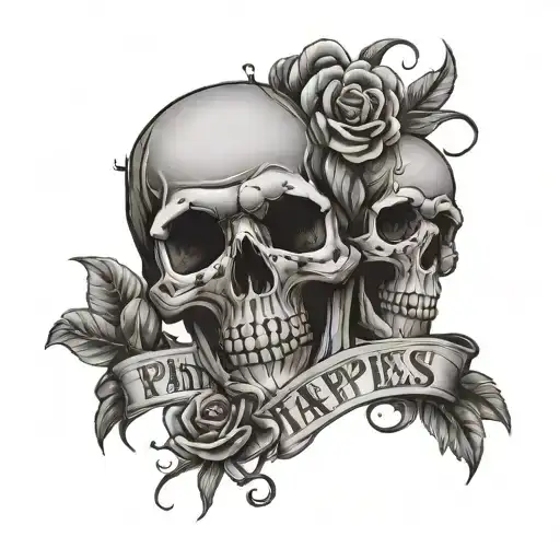 pain happiness text with skulls tattoo design idea