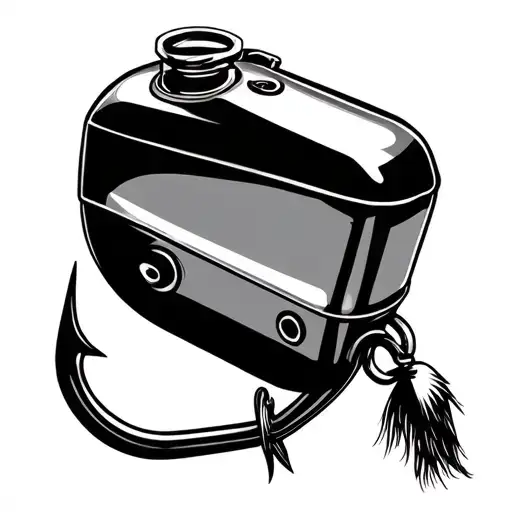 Harley gas tank attached to fishing hook tattoo design idea