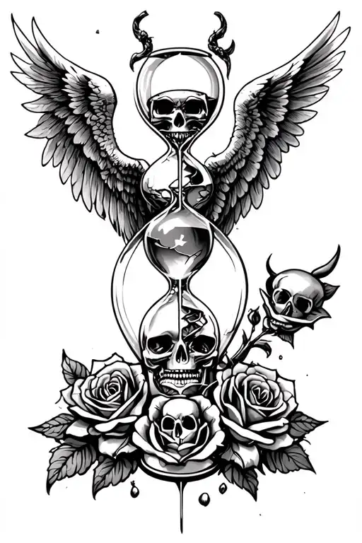 Angel vs demon, devil, fallen angel, broken hourglass, skull and roses tattoo design idea