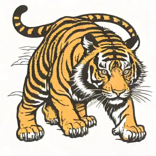 tiger walking and sun,black and white,Traditional,smoke tattoo design idea