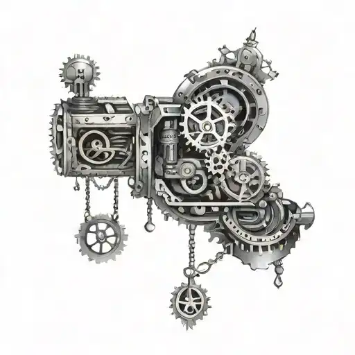 An intricate mechanical music box with gears and musical notes intertwined tattoo design idea