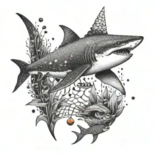 A mysterious crime scene with hidden clues in the form of shark fins and frog prints tattoo design idea