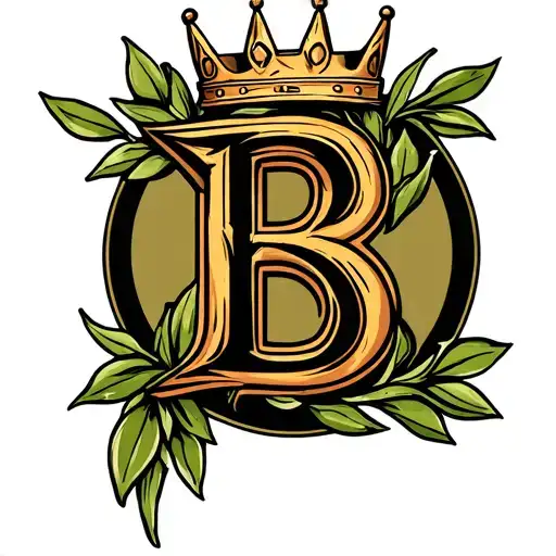 letter b with a crown on top inside of an olive branch circle  tattoo design idea