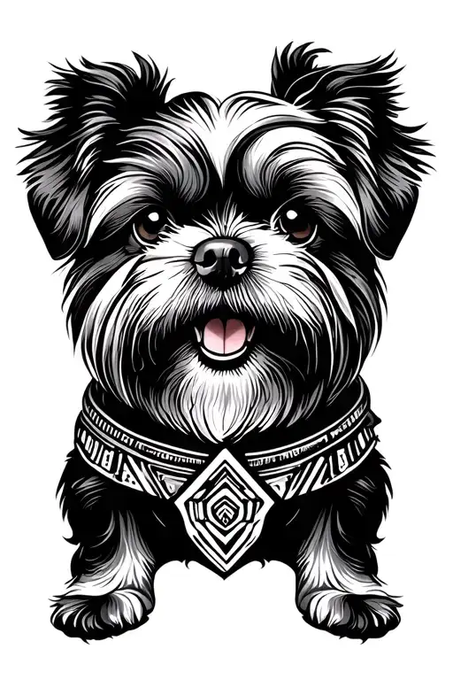black and white tattoo vector with a touch of architecture, adventure, travel, a black shih tzu dog, and a thin arm band tattoo design idea