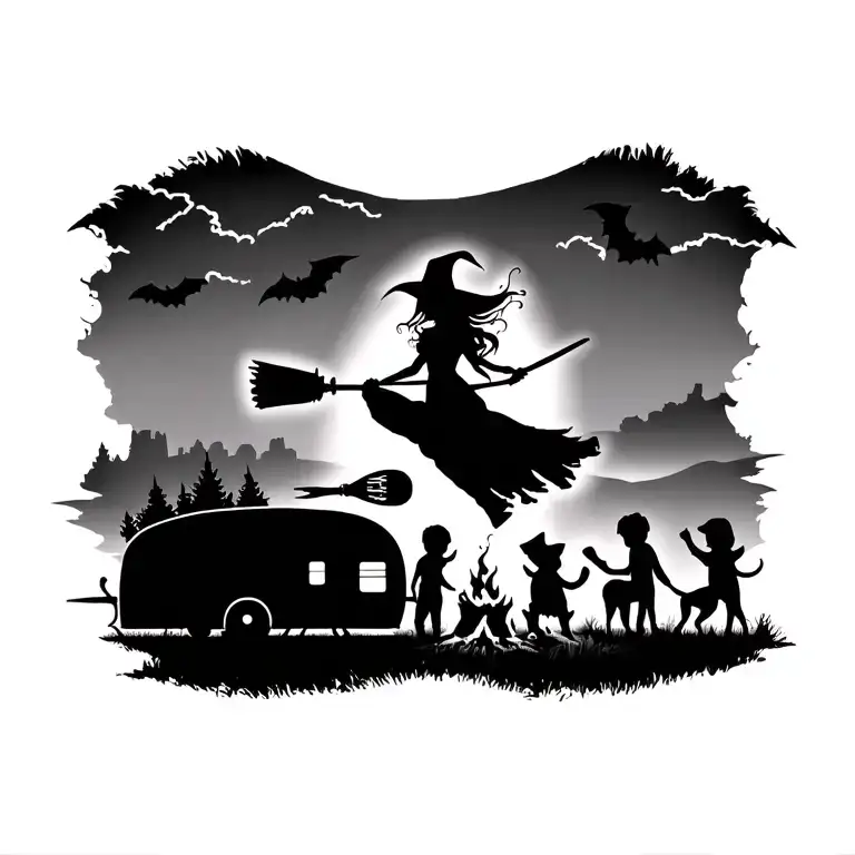 silhouette of sexy witch flying on broomstick over a campsite with a trailer and campfire with 3 boy children & 2 dogs  tattoo design idea