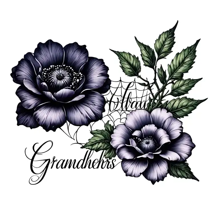 Grandmothers name and dark flower with spider and spiderwebs tattoo design idea
