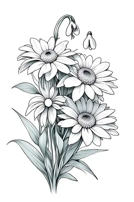 Snowdrop and chrysanthemum bouquet tattoo design idea